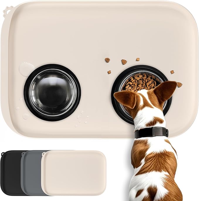 Silicone Dog Food Mat with Side Pocket & Hook Hole, Soft Raised Edges, Easy Clean Waterproof Non-Slip Pet Feeding Mat for Cats and Dogs Water Bowl, Pets Accessories(18"x12",Natural Tan)