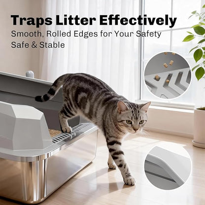 KYKY Tescat 2 Pack Stainless Steel Litter Box with Lid, XL Metal Litter Box with High Sides, Extra Large Litter Boxes for Big Cats and Multiple Cats, Leak-Proof, Rust-Proof, Non-Sticky and Easy Clean