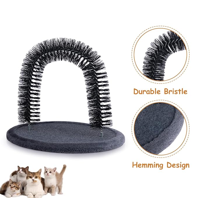Hollypet Self Grooming Massager and Scratcher Toy - Cat Arch Brush for Back Grooming, Hair Cleaner Pads, Dark Gray