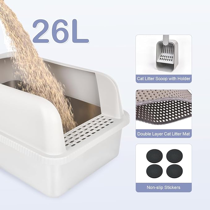 Henkelion 2 Pack Stainless Steel Cat Litter Box with Lid, 20" L x 14.2" W x 11.8" H, Extra Large Litter Box for Big Cats with High Sided, Anti-Urine Leakage, Easy Cleaning, Include Cat Mat and Scoop