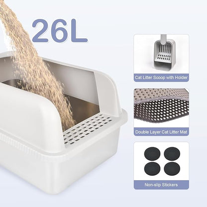 Henkelion Stainless Steel Cat Litter Box with Lid, 20" L x 14.2" W x 11.8" H, Extra Large Litter Box for Big Cats with High Sided, Anti-Urine Leakage, Easy Cleaning, Include Cat Mat and Scoop