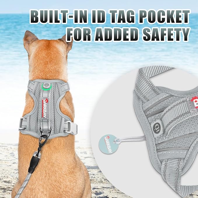 BARKBAY No Pull Dog Harness Large Reflective Dog Harness with Front Clip and Easy Control Handle for Walking Training Running with ID tag Pocket(Grey,L)