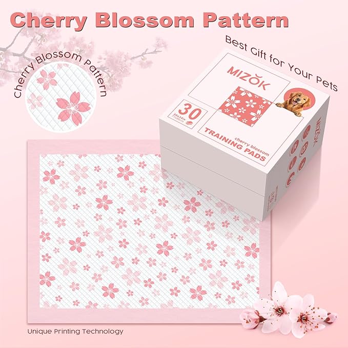 MIZOK Dog Pee Pads Extra Large 28"x34", Potty Pads for Big Dog Breeds, Super Absorbent & Leak-Proof, Pink Cherry Blossom Prints, Thick & Heavy, 4-Corner Adhesive Tabs, XL (30 Counts)