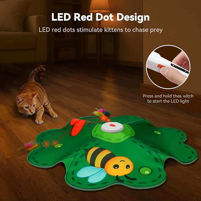 FEELNEEDY Rechargeable Cat Toys, 2 in 1 Hide and Seek Game Interactive Cat Toy, Movable LED Red Dot, Concealed Feathers, Durable Exercise Toys for Indoor Cats, Bored Adult Cats Wand Toy, Green
