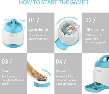 PETGEEK Automatic Dog Treat Dispenser with Button - Puzzle Memory Training Feeder, Pet Geek Button Treat Food Dispensing Toys Interactive, Iq Training Dog Feeder (Blue)