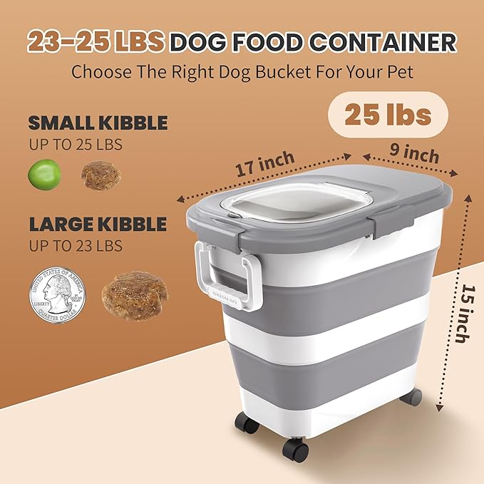 23-25 Lbs Airtight Dog Food Storage Container,Collapsible Dog Food Container with Lid,Wheels,Handle,Large Pet food storage Container with Scoop,Small Food Container for Dog Cat