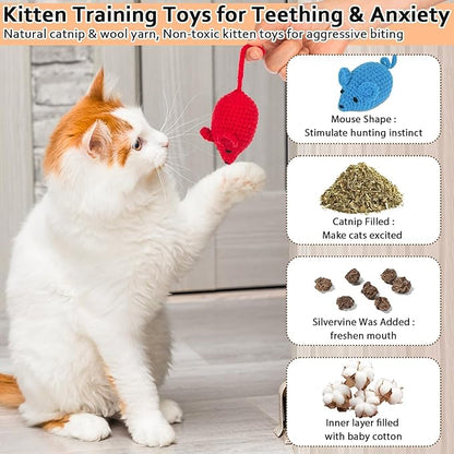 Retro Shaw Catnip Toys Crochet Mice Cat Toys, 3 Pcs Durable Yarn Cat Mouse Toys for Indoor Cats, Stuffed with Natural Catnip & Silvervine Blend, Handmade Interactive Kitten Chew Toy for Teeth Cleaning