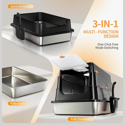 Stainless Steel Cat Litter Box with Lid, Extra Large Enclosed Metal Litter Pan with High Sides, Full Flip Cover Litter Box for Large Cat, Include Scoop & Step, Leak Proof Easy Clean Odor Control-Black