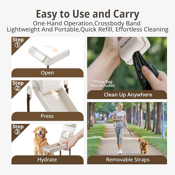 Dog Water Bottle, Portable Leakproof Water Bowl for Dogs, Foldable Dog Water Dispenser with Poop Bag Dispenser for Puppy Outdoor Walking, Hiking, Travel, 10.15oz