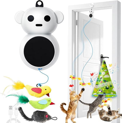 Interactive Cat Toy for Indoor Cats: 2 in1 Automatic Hide and Seek Moving Concealed Flying Bird Wand Feather with Chirping Bird Squeaky, Hanging Rechargeable Exercise Cat Toy for Kittens and Adult Cat