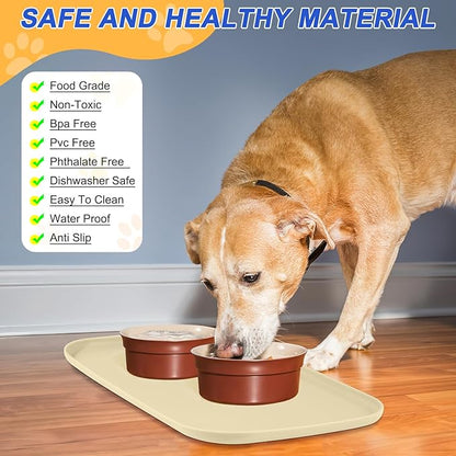 Silicone Pet Feeding Mat with Raised Edge for Food and Water, Dog Bowl Mats, Cat Bowls Placemat with High Lip for Floor Waterproof, Rubber Tray for Cats and Dogs 19 x 12 x 0.7 White Sand (Yellow Cast)