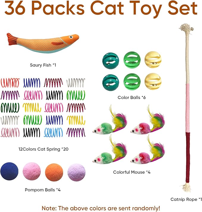36 Pcs Interactive Cat Toys Set for Indoor Cats Kitten Toys Variety Pack Includes Plush Fish, Chew Ropes,12Colors Cat Springs, Feather Mice and Balls Best Gift to Relieve Boredom for Adult Cats
