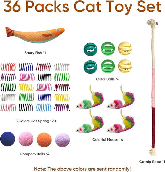 36 Pcs Interactive Cat Toys Set for Indoor Cats Kitten Toys Variety Pack Includes Plush Fish, Chew Ropes,12Colors Cat Springs, Feather Mice and Balls Best Gift to Relieve Boredom for Adult Cats