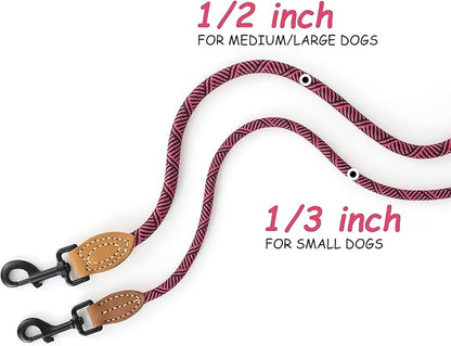 Mile High Life Small Dog Leash, Thin Rope Leash with Genuine Leather Connection and Heavy Duty Metal Clasp, Great for Small Medium Dogs(Pink,72 Inch-1/3)