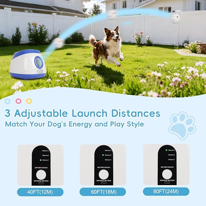 FAHKNS Automatic Ball Launcher for Large Dogs: 40/60/80FT Distance Dog Ball Thrower with Remote Control, 3 Adjustable Distances & Random Mode, 8 Pack 2.5" E-TPU Balls Included