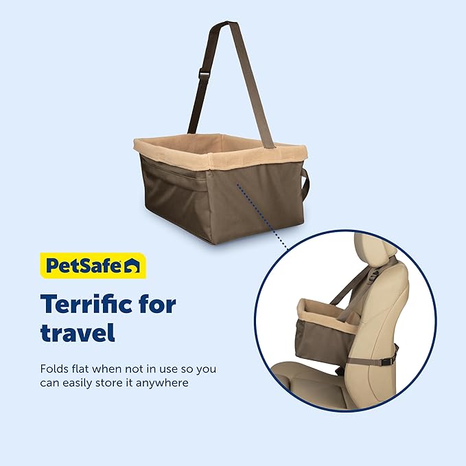 PetSafe Happy Ride Booster Seat for Dogs - Open Road Comfort - Safe Tether System - Zipper Pouch Dog Seat - Machine Washable Fleece Liner - Easy Install Design - Brown - Up to 18 lb