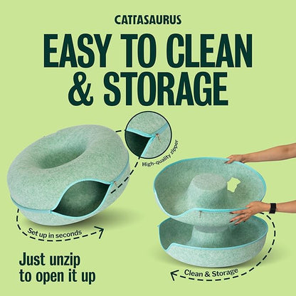 Cattasaurus Peekaboo Cat Cave Donut for Multiple & Large Cats up to 30-45 lbs, 3-in-1 Self Warming Cat Bed, Tunnel & Scratcher for Indoor Cats, Washable & Detachable Small Dog Bed (Sage Mist, Large)