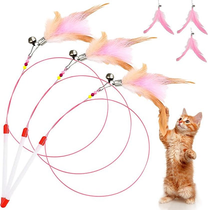Cat Toys for Cats, Pink Teaser Wand with Natural Feathers, Interactive Toy with Replaceable Feather Head for Multi-Cat Homes, Perfect for Exercising, Training, and Preventing Furniture Damage