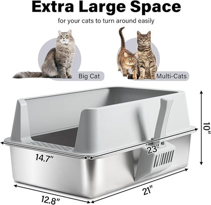 XL Stainless Steel Litter Box, Extra Large High Sided Metal Cat Litter Box with Lid and Scooper, Easy Clean, Non Stick & No Smell