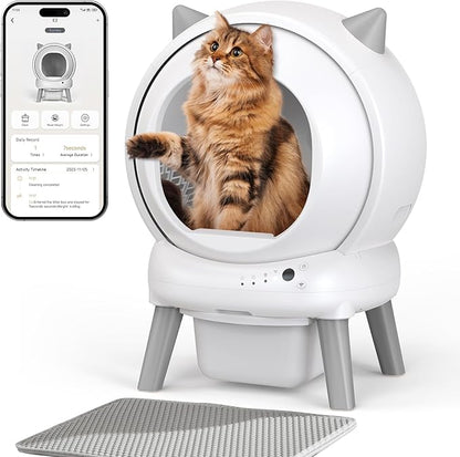 Automatic Cat Litter Box - E2 Self Cleaning Litter Box Smart Robot for Multiple Cats, APP Real-Time Monitor, Weight Monitoring, Safe Anti-Pinch Liners and Mat Included（White）