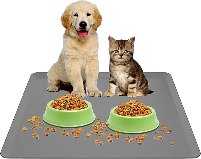 TidyFriend Pet Food Mat - 24” x 24”, Pet Tray for Food and Water, Dog Food Mats, Silicone Cat Food Mat, Non Slip Pet Food Mat, Dog Bowl Mat Waterproof, Pet Supplies(Dark Grey)