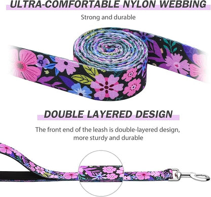 Hikiko Cute Girl Double Handle Dog Leash 6 Foot Padded Traffic Handles for Walking Training (Pinkish-Purple Floral, 6ft)