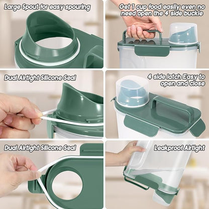 5-7Lbs Dog Cat Food Storage Container with Upgraded Large Nozzle BPA-free, 4 Snap Seals Plastic Pet Food Storage Containers with Handles (Green+Dark Green, 5L-2pack)
