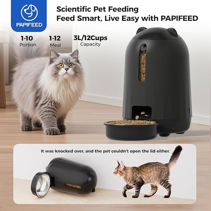 PAPIFEED Automatic Cat Feeder, Button Timer Auto Food Dispenser with Dual Power Backup, Slow Feeding Mode, 3L Moisture-Proof Feeder for Cats & Small Dogs (Black)