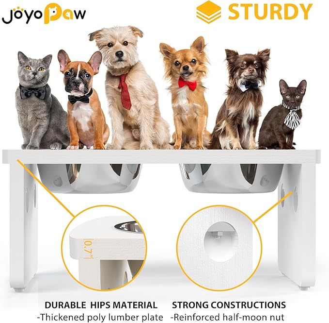 Elevated Dog Bowls, Waterproof Raised Dog Bowl for Medium Dogs, HIPS Poly Lumber Stand with 2 Stainless Steel Bowls, Indoor & Outdoor Use (7'' Tall-40 oz Bowl, White)