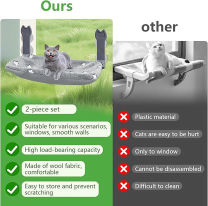 2 Pack Cat Window Perch,Cat Window Hammock Cordless Foldable Window Bed with 4 Large Strong Suction Cup,Reversible Cushion Cover,Metal Frame Easy to Adjust Window Seat Holds up to 40lbs(Star White