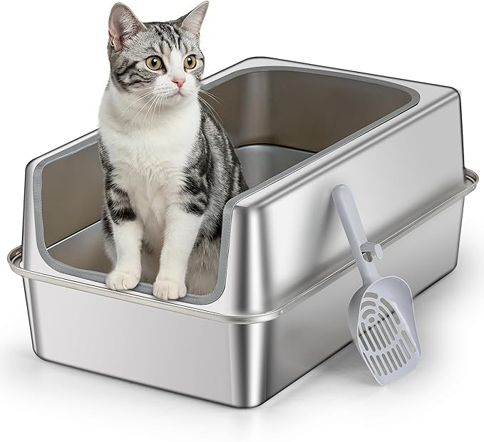 Stainless Steel Litter Box with Metal Lid and Scoop - Enclosed Metal Litter Box for Large Cats, Rust-Resistant, Odor-Control, Easy to Clean, Durable & Long-Lasting with Round Edge (XL-)