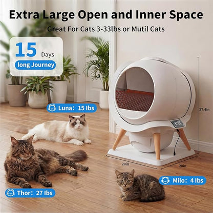 HoneyGuaridan Self-Cleaning Cat Litter Box, Waterproof Automatic Cat Litter Box,App Control, Odourless, Integrated Safety Protection, Water Rinsable and Easy to Clean, for Multiple Cats (3-33lb)