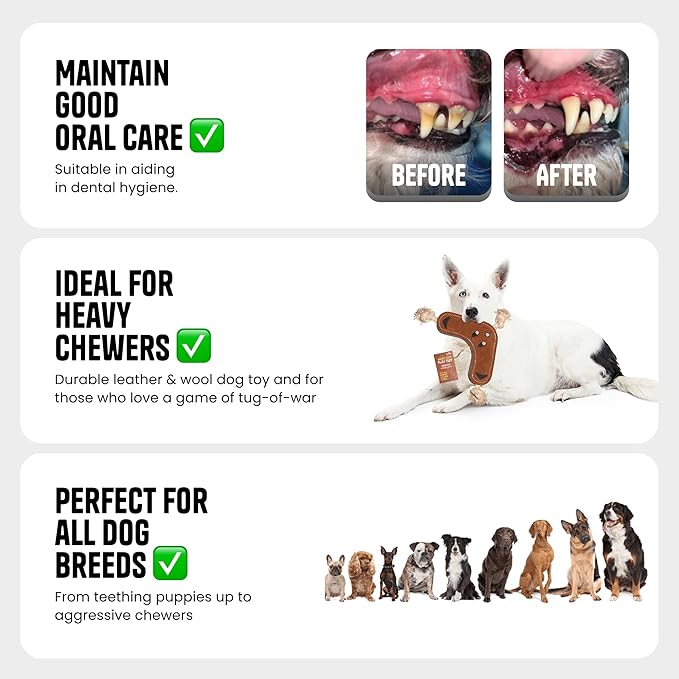 Boomerang Leather Chew Toy for Dogs - Extra Thick Wool, Stitched & Real Leather Dog Toy for Small, Medium & Large Dogs - Durable & Safe Chew Toys for Puppies