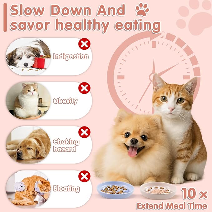 Cat Slow Feeder Bowl Set - 2 Pcs Pastel Series Cat Plate for Dry and Wet Food - Cute Maze Feeder Dish for Healthy Eating- Slow Feeding Bowls Whisker Friendly - Dishwasher Safe(Blue and Pink)