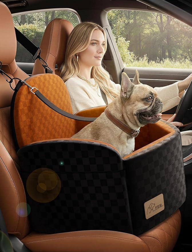 Dog Car Seat for Small/Medium Dogs Up to 35 lbs, Elevated Memory Foam Dog Booster Seat with 2 Safety Belts, Travel Safety Pet Car Seat with Detachable Washable Cover and Storage Pockets (Black/Brown)