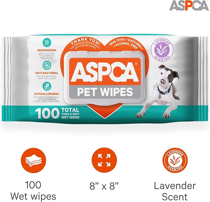 ASPCA Grooming Wipes Hypoallergenic for Dogs & Cats of All Ages, Cleansing & Deodorizing - Lavender Scented - 100pk