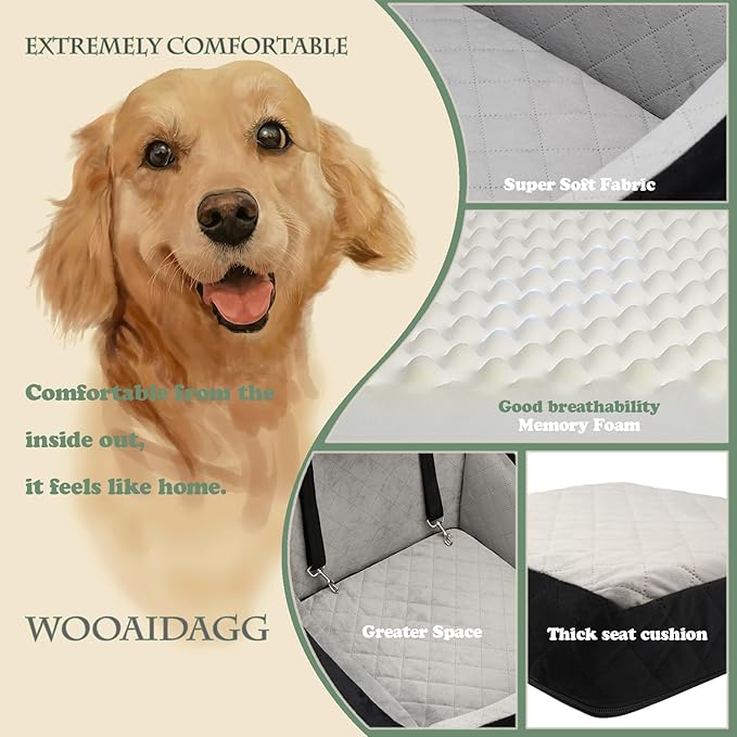 WOOAIDAGG Dog Car Seat for Medium Sized Dog,Pet Travel Car Bed with Seat Belt Channle,Fully Detachable and Washable Car Dog Seat with Adjustable Straps,3 Straps Easy to Install (Black/Grey)
