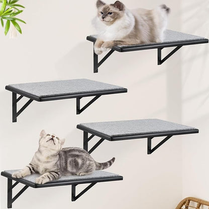 Cat Wall Shelves Set of 4, Purrfect Cat Furniture Set - 4 Piece Wooden Wall Shelves with Scratching Pad, Sleeping & Playing Area, Window Perch for Large Cats - Black