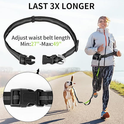 Hands Free Dog Leash with Zipper Pouch, Retractable Bungee Waist Leash with Dual Padded Handles & Waist Belt Fanny Pack for Medium & Large Dog Training Walking Running Hiking Jogging (Green)