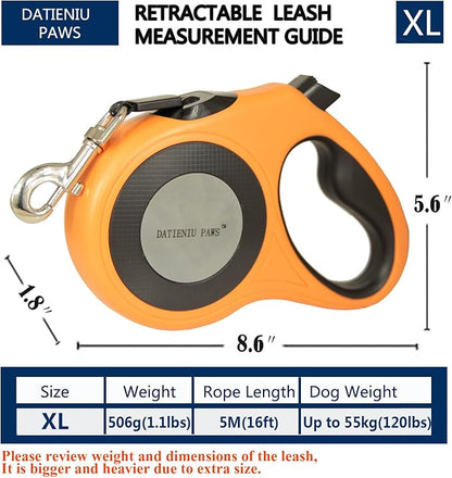 Retractable Dog Leash Strong Nylon Tape 16Ft Reflective Stitch for Night Walking One-Handed Brake Anti-Slip Handle XL Orange