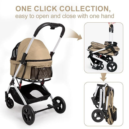Pet Stroller for Medium Small Dog & Cat, Foldable Lightweight Dog Stroller with Storage Basket Pet Travel Carriage with Safety Leashes, 4 Wheel, Khaki
