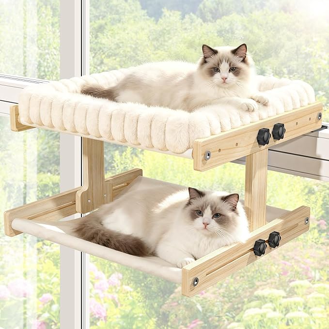Cat Perch for Window XiaZ Cats Hammock Indoor Cat Bed for Window Adjustable Wooden Frame W/Soft Warm Plush-Lined Cushion Perfect for Bird Watching Sunbathing Space-Saving Easy Install Double Layer