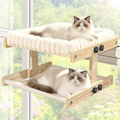 Cat Perch for Window XiaZ Cats Hammock Indoor Cat Bed for Window Adjustable Wooden Frame W/Soft Warm Plush-Lined Cushion Perfect for Bird Watching Sunbathing Space-Saving Easy Install Double Layer