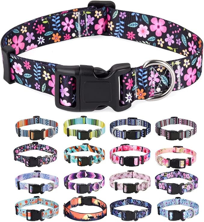 Dog Collar with Bohemia Floral Tribal Geometric Patterns - Soft Ethnic Style Collar Adjustable for Small Medium Large Dogs(Floral,S)