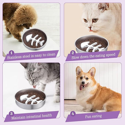 Stainless Steel Slow Feeder Dog Bowls – Non-Slip Metal Dog Bowl for Large & Medium Breeds, Puppy Puzzle Feeder – 2 Cup Capacity for Small to Big Pets – Durable Slow Feed (Fishbone)