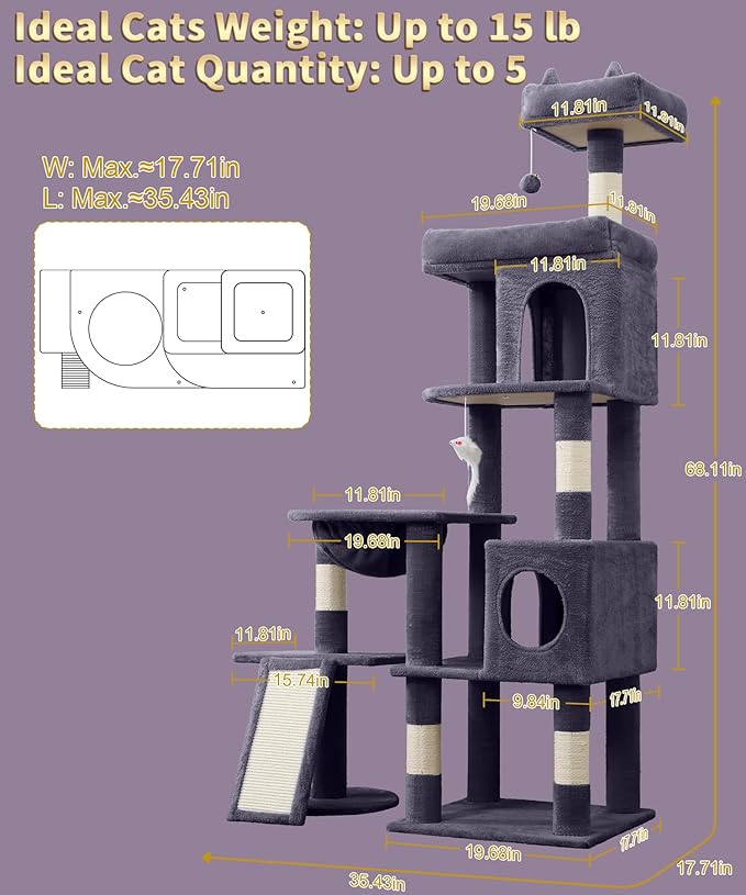 68 Inches Heavy Duty Cat Tree for Indoor Cat, Big Cat Tower with Sisal Scratching Posts and Top Perch, Large Platform for Adult Cats, PMT02DG, Dark Grey