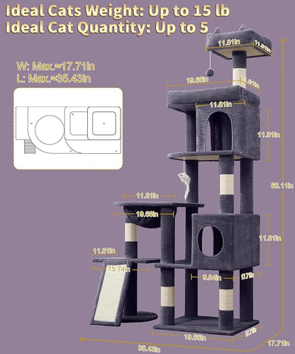 68 Inches Heavy Duty Cat Tree for Indoor Cat, Big Cat Tower with Sisal Scratching Posts and Top Perch, Large Platform for Adult Cats, PMT02DG, Dark Grey