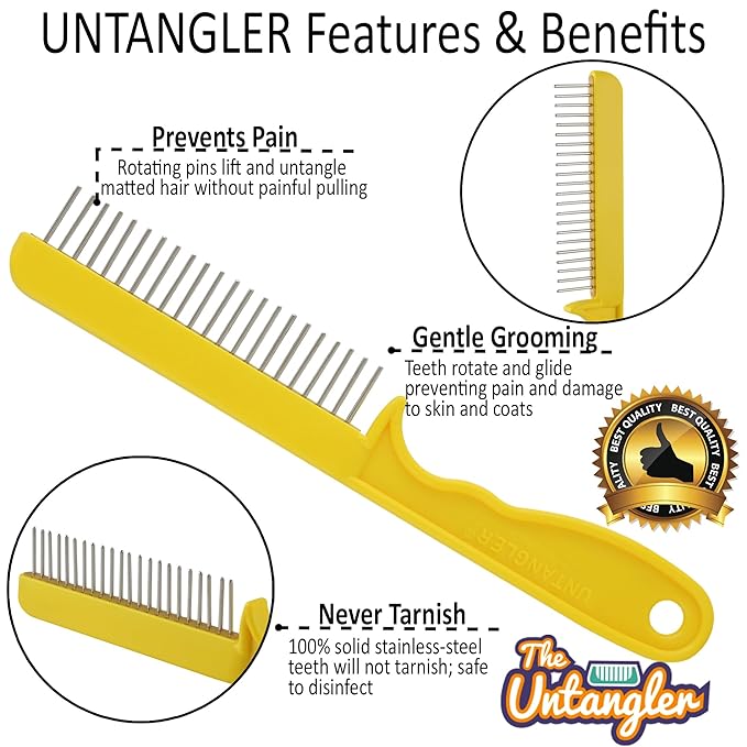Super-Groom Combs with Smooth Rotating Teeth for Painless Mat Removal (22 Coarse Teeth, Sun Yellow)