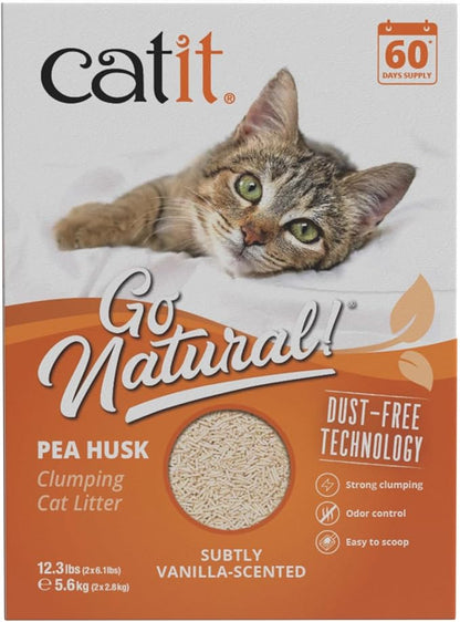 Catit - Go Natural Pea Husk Clumping Cat Litter - Dust Free,Easy Cleaning & Scooping,Flushable Kitty Litter with Odor Control & Subtle Fragrance - 12.3 Lbs,Vanilla Scented,(Pack of 2)