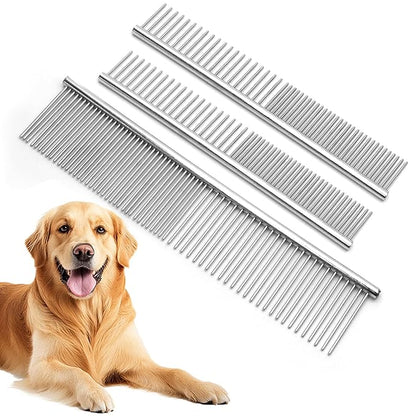 Biaungdo 3 Pcs Dog Grooming Combs Set, Metal Dog Comb for Removing Tangles and Knot, Cat Brush Grooming Tool for Long Haired Pets(7.48 x 1.57 inch & 6.3 x 1.1 inch)